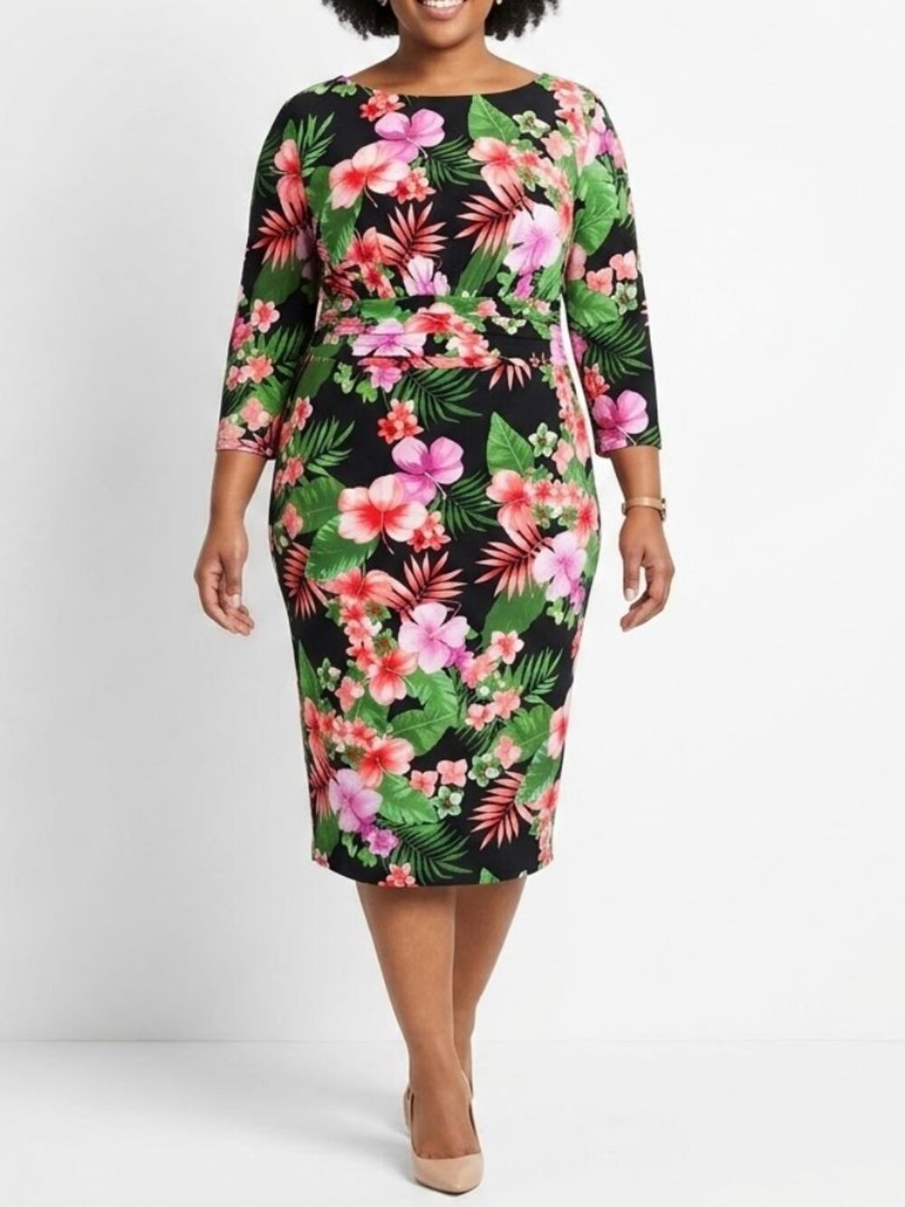 Melrose Tropical Hibiscus Sheath Dress 18W Vacation Island Girl Core Midi